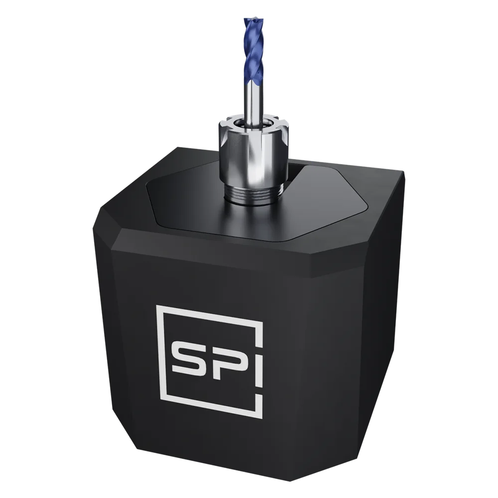 SPINOGY Montageblock mit eingespanntem Spannzangenhalter und Fräser