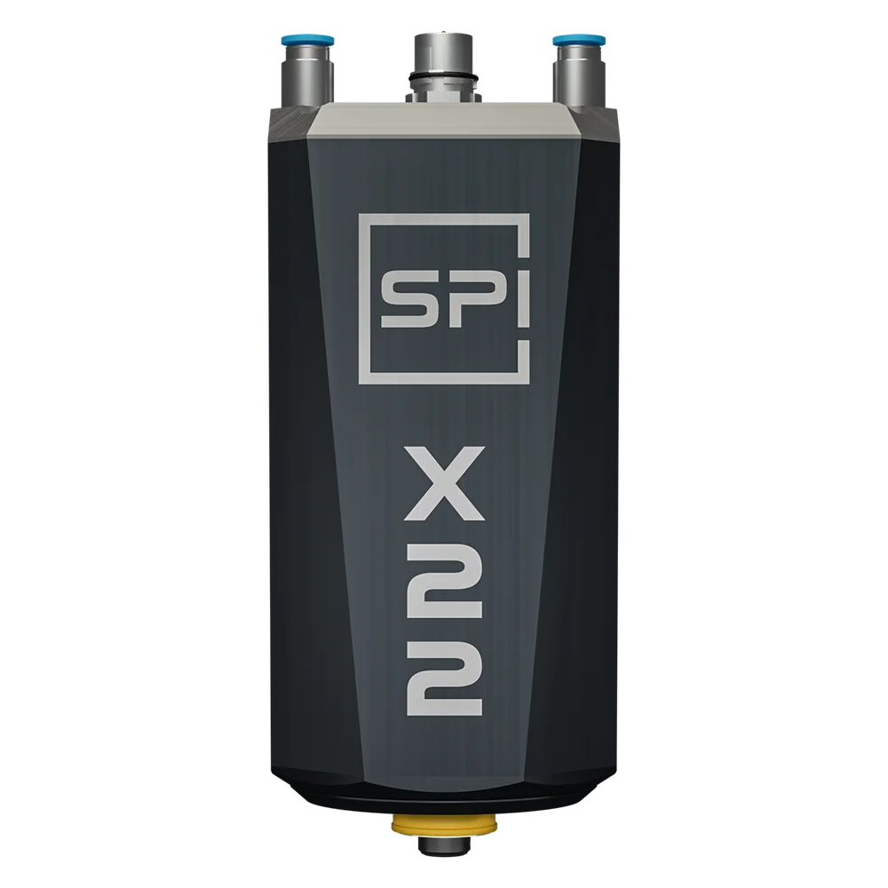 SPINOGY Motorspindel X22-F-HSKC25, Frontansicht mit Typenbezeichnung